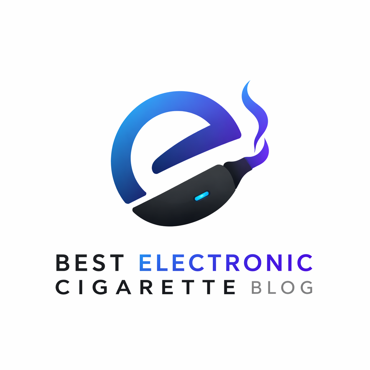 Best Electronic Cigarette Blog logo featuring a blue letter E, vape device, and purple vapor smoke.